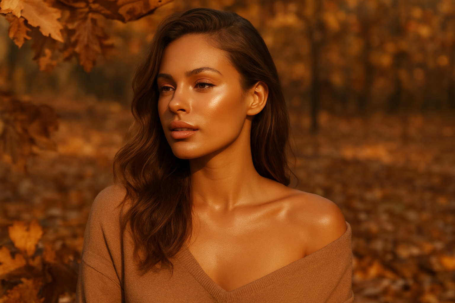 Imagen otoñal de una mujer con piel radiante y bronceado natural gracias a los Rayos UVA en Bellala Estética, centro de belleza en Mojados, Valladolid.