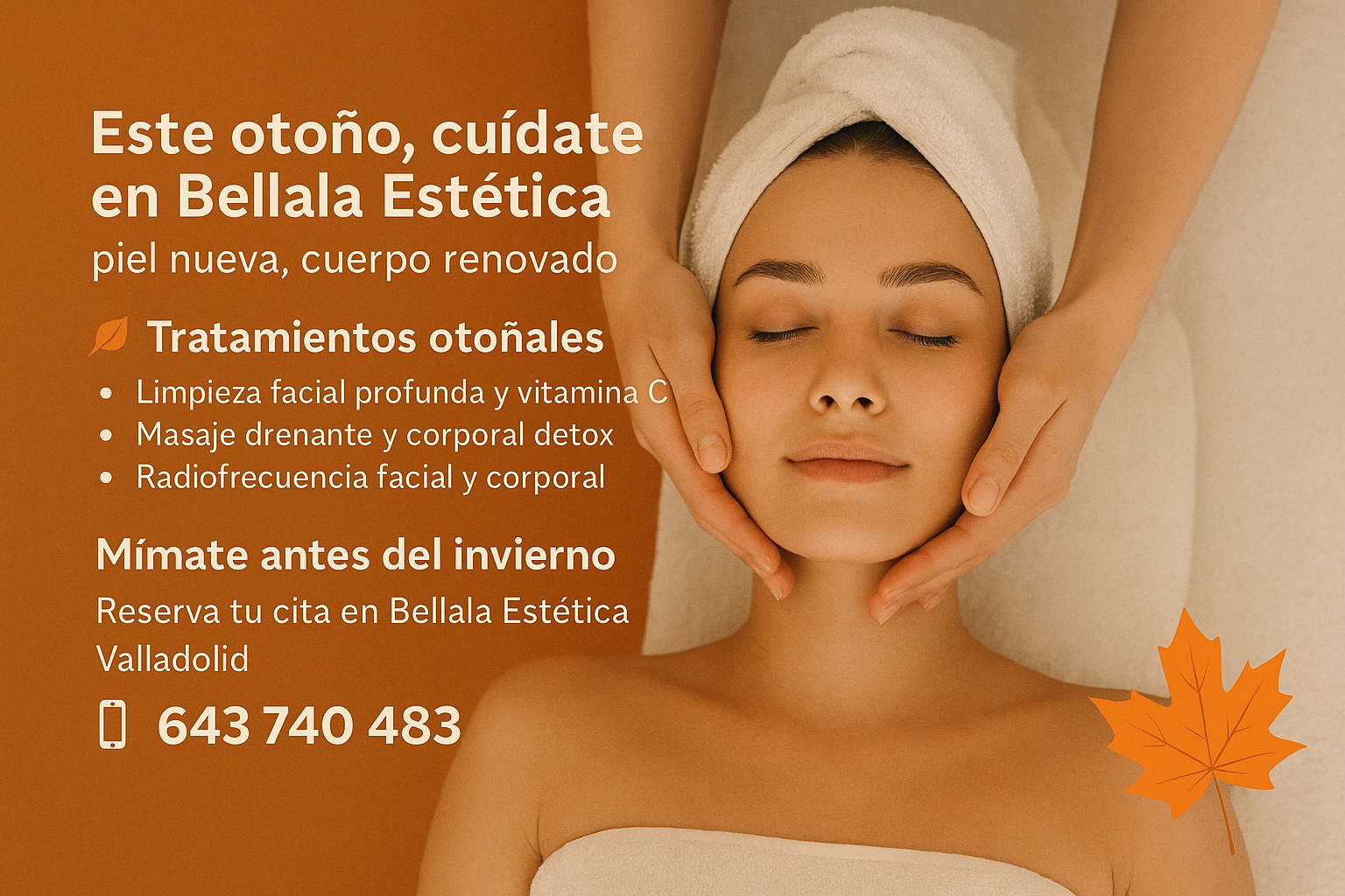 Mujer relajándose con tratamiento facial en Bellala Estética Valladolid, promoción de cuidados de otoño